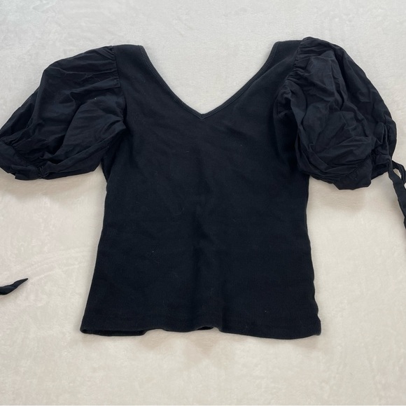 Anthropologie Maeve Puff Short Sleeved V Neck Ribbed Knit Black Top XS - Picture 7 of 7